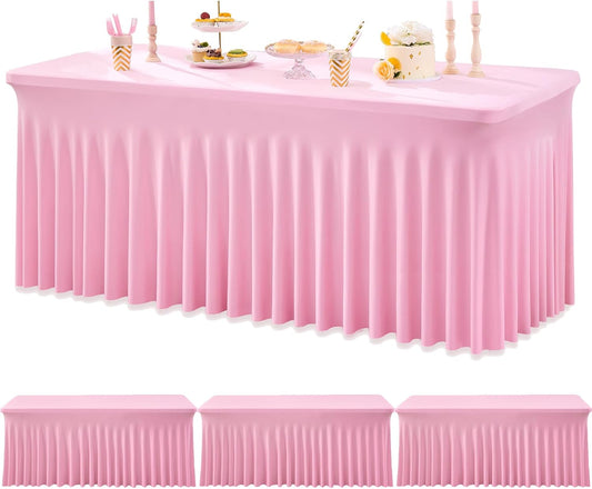 3pk Baby Pink Spandex Tablecloths for 6 Foot Rectangle Tables, Stretch Table Cloths 6FT Pink Fitted Table Cover Desk Skirt for Wedding Birthday Party Baby Shower