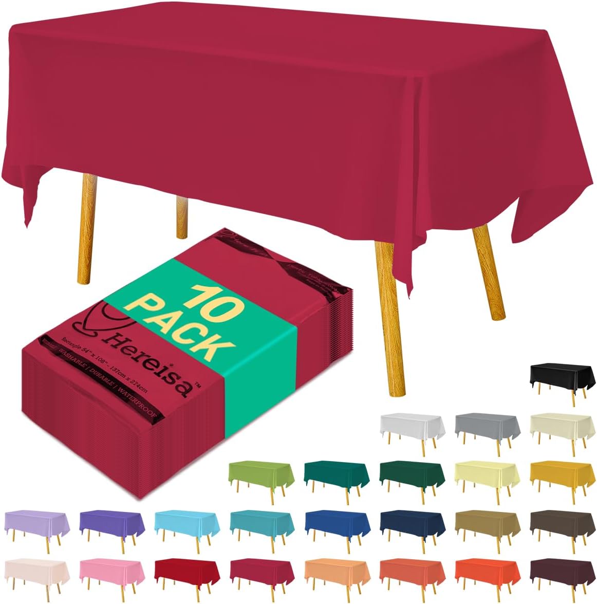 Disposable Red Plastic Tablecloth 54x108 Inch, 10-Count Waterproof Rectangle Table Cover for Events, Catering