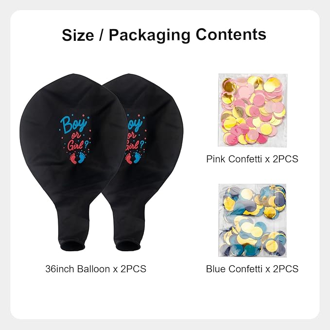 Gender Reveal Balloon 2 Pack, 36 Inch Black Balloons with Pink Blue Hearts Confetti for Boy or Girl Baby Gender Reveal Ideas Baby Shower Party Decorations Kit