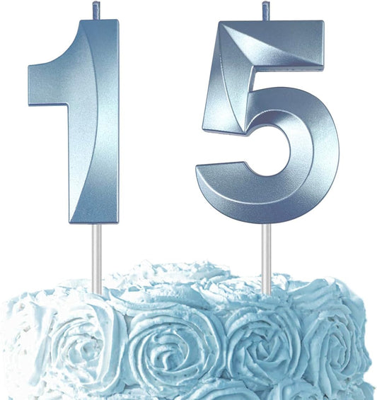 Blue Number 15 Candles, 3D Diamond 2.76 Inch Cake Topper Birthday Candles for Wedding Anniversary Cake Decorations, Happy Birthday Party Decorations