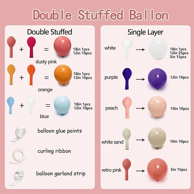Boho Rainbow Balloons, Double Stuffed Retro Dusty Pink Orange Blue Balloon Arch Kit Perfect for Boho Neutral Birthday Baby Shower Bridal Wildflower Party Decor
