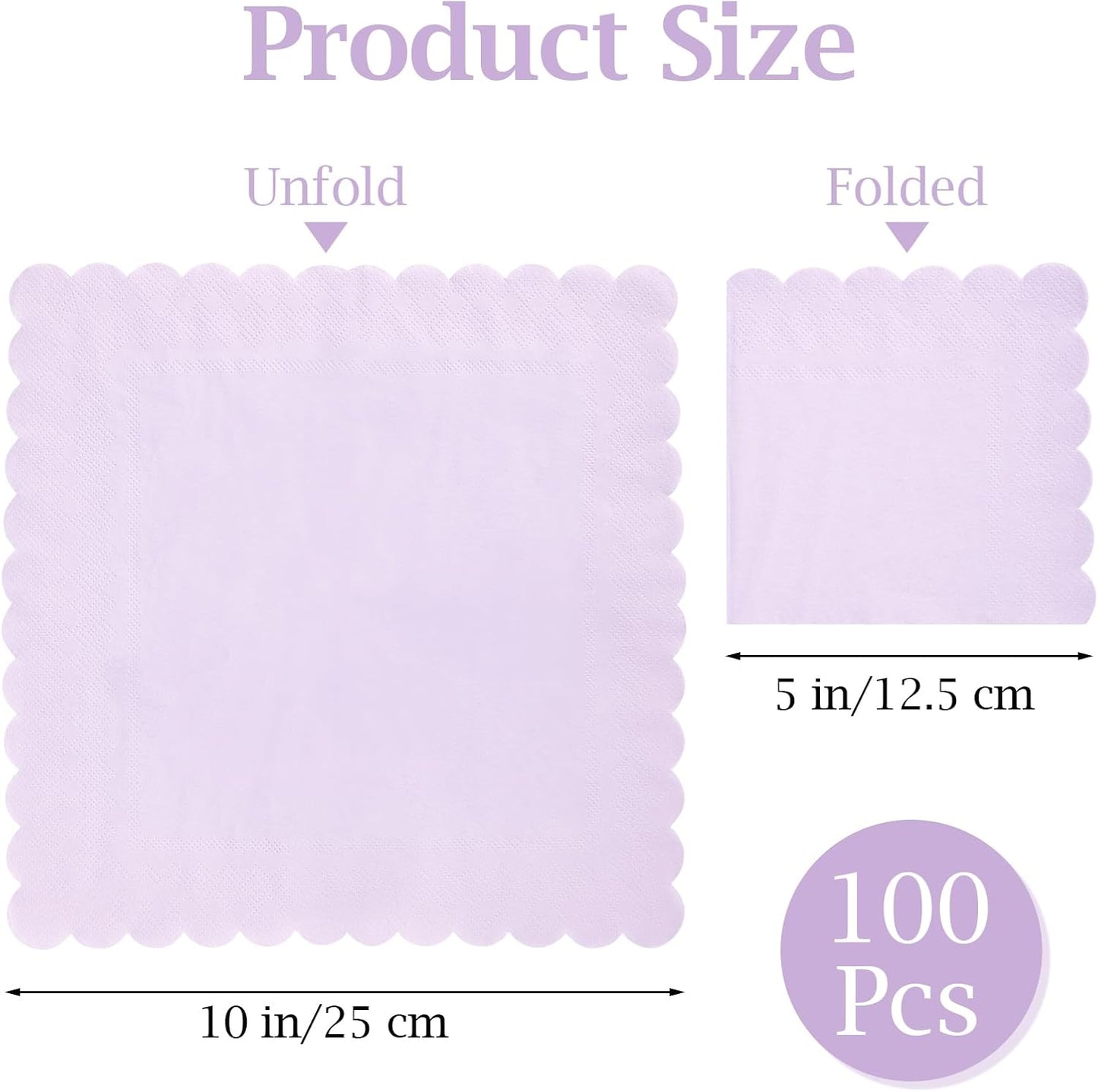 100 Pcs Cocktail Napkins, 2-Ply 5 x 5 Inches Disposable Scalloped Napkins, Thick Premium Dessert Napkins for Party, Wedding, Dinner, Birthday, Anniversary, Festival (Light Purple)