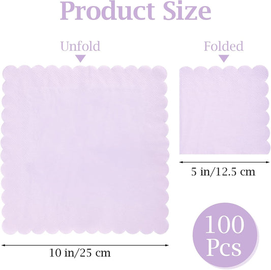 100 Pcs Cocktail Napkins, 2-Ply 5 x 5 Inches Disposable Scalloped Napkins, Thick Premium Dessert Napkins for Party, Wedding, Dinner, Birthday, Anniversary, Festival (Light Purple)