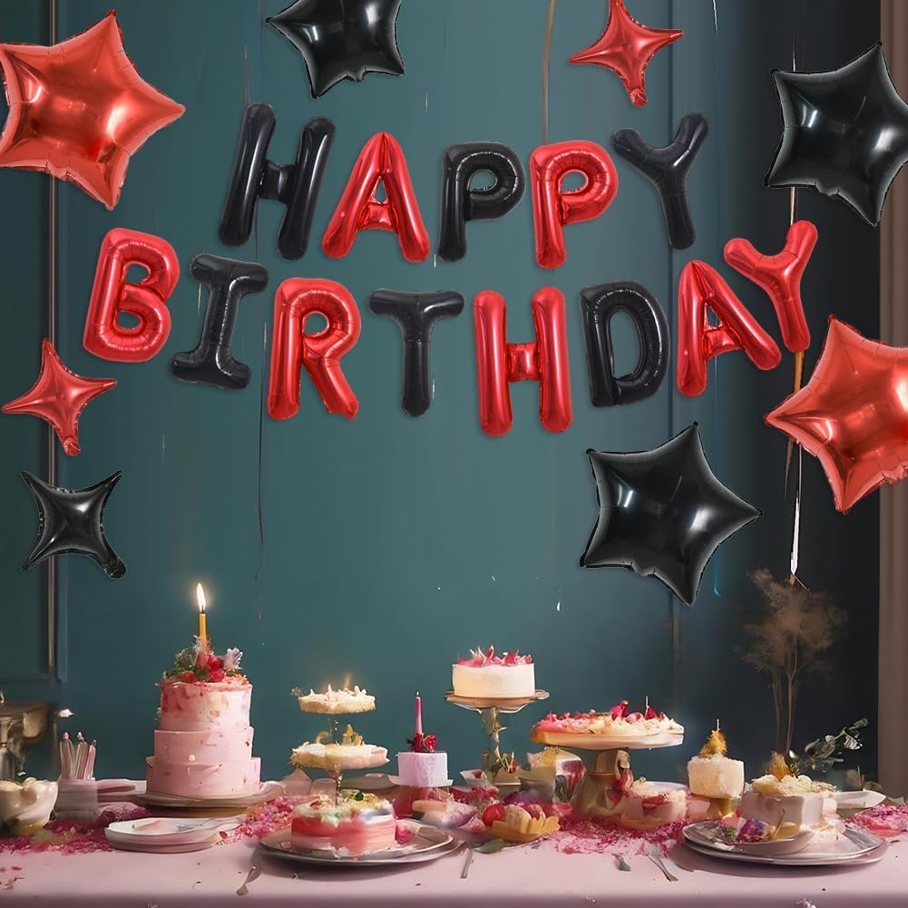 TONIFUL 35PCS 16 Inch Black Red Happy Birthday Balloon Black Red Happy Birthday Balloons Decorations with Star Balloons for Girls Boys Kids Men Women Adults Birthday Party Decorations Supplies