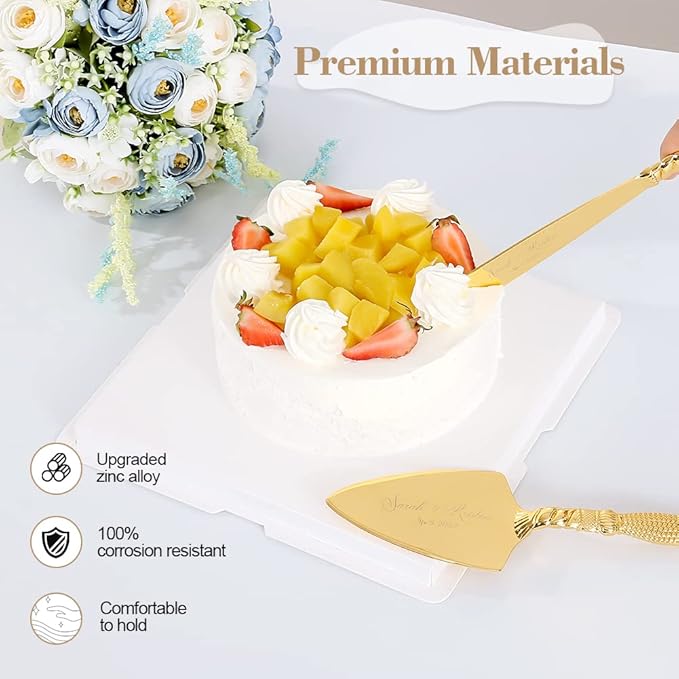 TUKDAK Cake Cutting Set for Wedding, Personalized Gold Cake Knife and Server Set, Custom Cake Serving Set, Engraved Pastry Pie Server Cake Pizza Cutter, Birthday Bridal Gift (CUS-Tassel)