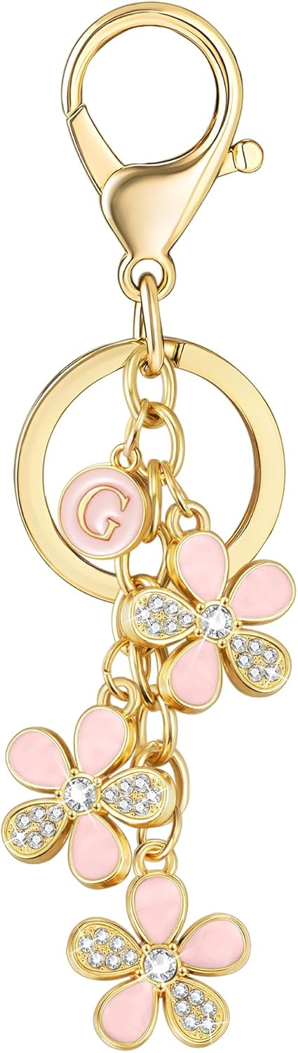 XGALBLA Cute Flower Crystals Rhinestone Initial Letter Keychain for Women, Bag Charms Bling Sparkly Enameled Keychain Handbag