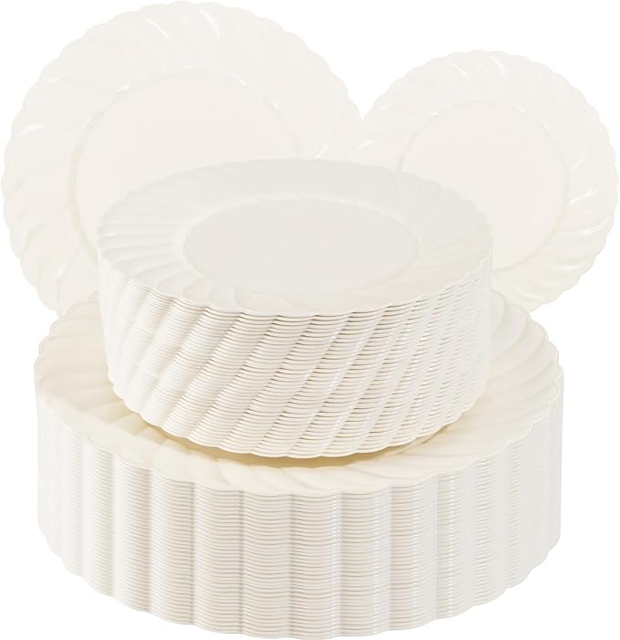 U-QE 100 Piece Ivory Scalloped Plastic Plates for Party - Plastic Plates Disposable Heavy Duty - High End Disposable Plates for Wedding Including 50PCS 9 '' Dinner Plates & 50PCS 6.5 '' Dessert Plates
