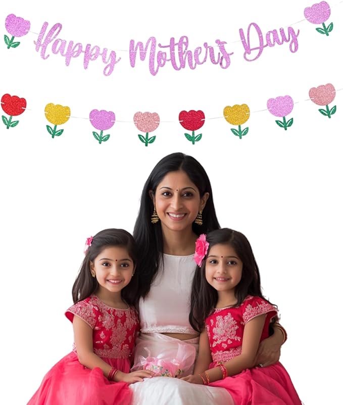 Happy Mother's Day Banner Set Decoration for Mother's Day Party Decorations Backdrop Garland for Mom Mother's Day Glitter Garland Photo Props (Pink Tulip)
