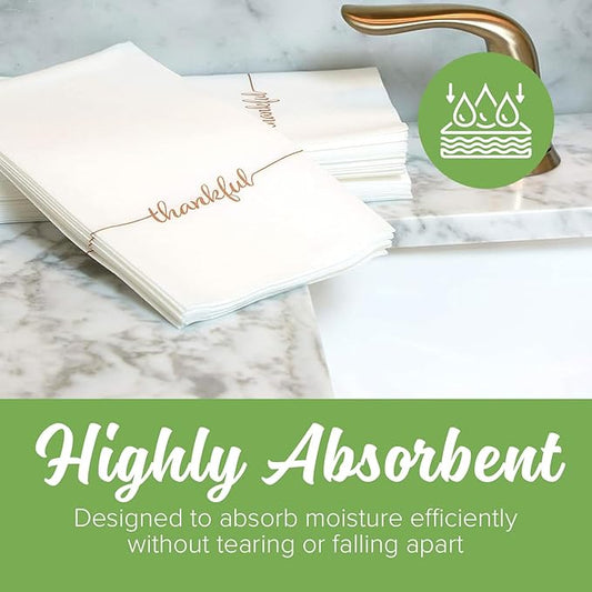 SimuLinen Disposable Hand Towels for Bathroom, Single-Use Linen-Feel Guest Towels, Hand Tissue Paper with ''Thankful'' Writing, Cloth-Like Paper Napkins, Pack of 100