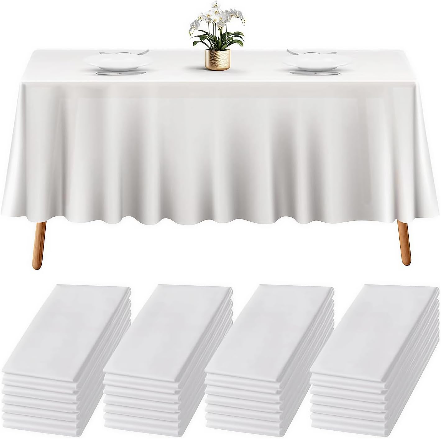 Prestee 24 Plastic Table Cloth Disposable - 108 x 54 White Tablecloth Rectangle - Plastic Table Cover for Parties, BBQs, Weddings, Outdoor Gatherings, and Fine Dining Events