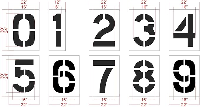 24" Wide Amazon Number Kit Stencil - Parking Lot Pavement Stencils - 1/16" (.063") Light-Duty LDPE - Complete Set