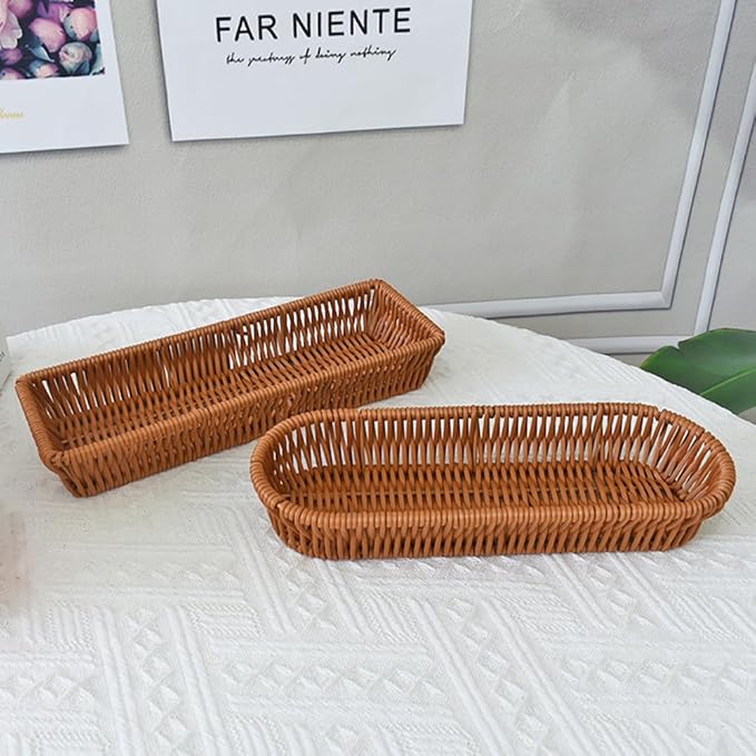 RT&BS Handwoven Utensil Basket, Artisan Mini Bread Basket, Flatware Storage Narrow Baskets for Farmhouse Kitchen, Rustic Dining Table Decor (1pcs, Rectangle)