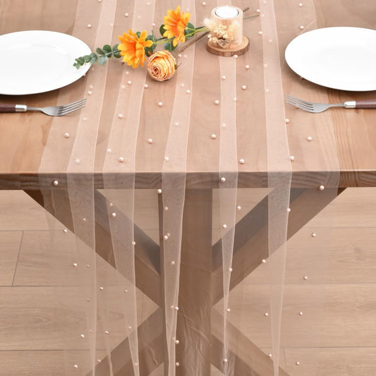Nude Pearl Fall Thanksgiving Table Runner Boho Rustic Tulle Lace Table Runner for Baby Shower Wedding Arch Decor Veil Dessert Table Decor