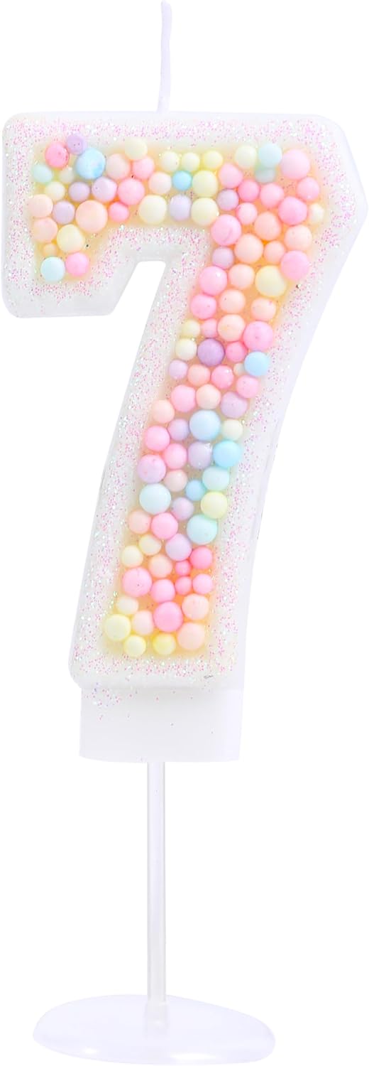 7 Birthday Candle 3D Macaron Glitter Pastel Number 7 Candle for Birthday Cake Girl Women Sweet Theme 7th Birthday Wedding Anniversary Party Cake Decor