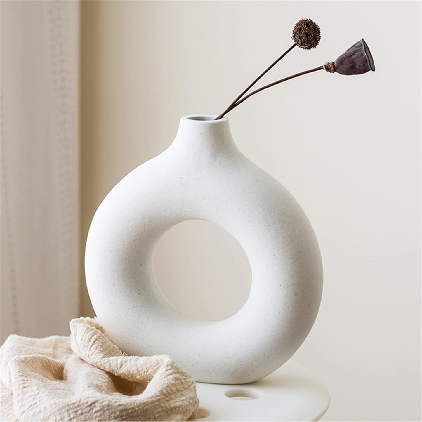 White Circle Ceramic Vase for Decor, Circular Matte Hollow Donut Flower Vases Decorative Minimalist Modern Nordic Boho Style for Home Living Room Office Bedroom Table (H7.5'' × W7.1'')