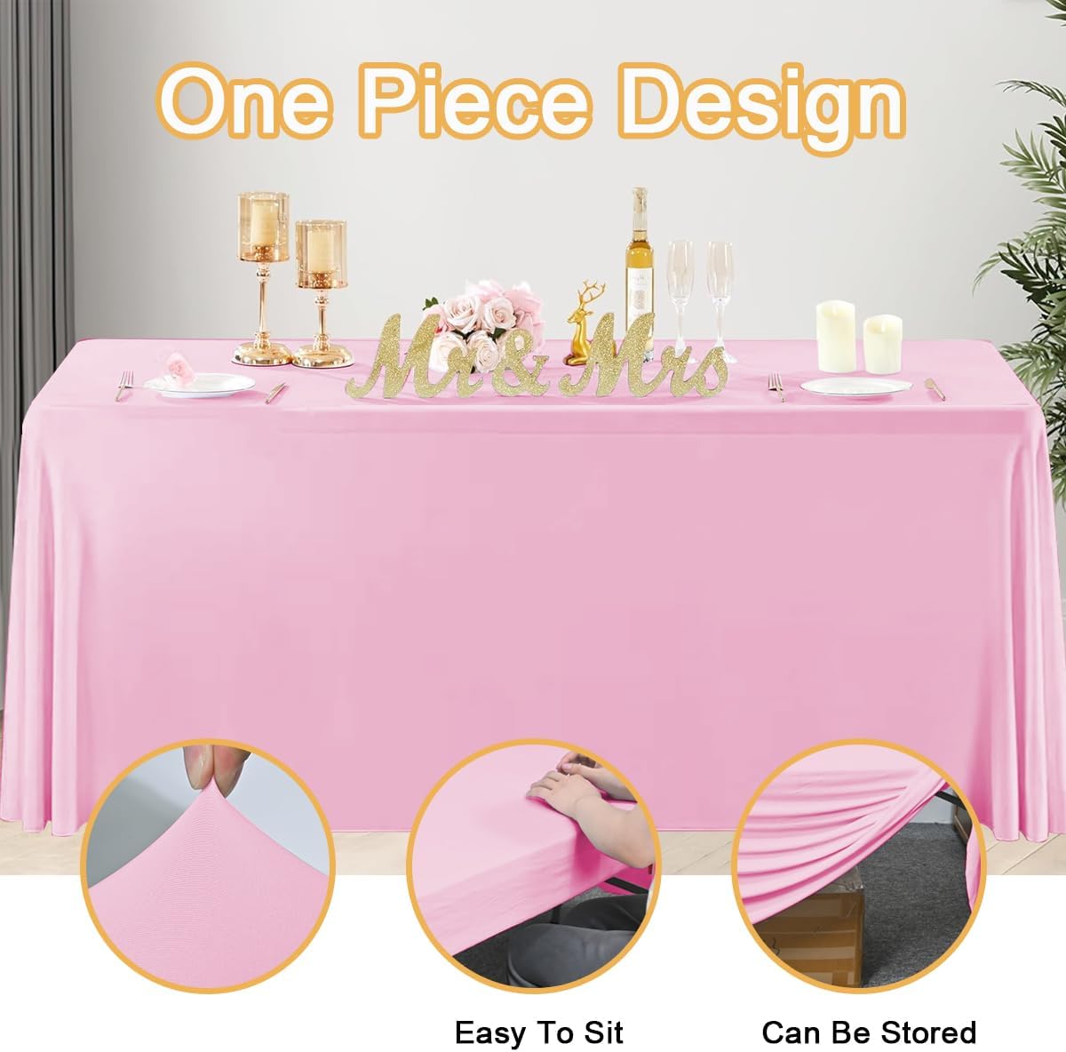 HAORUI Open Back Table Skirts, 4Pack Rectangle Wrinkle Resistant Table Clothes, Ruffles Elastic Table Cover for Banquets, Weddings, Parties (6ft Pink)