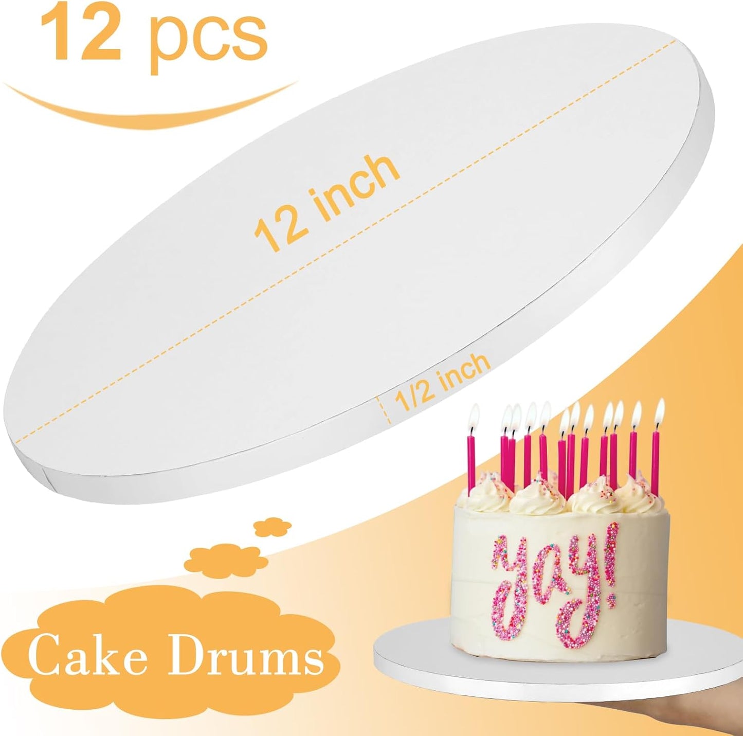 12 PCS Cake Drums 12 Inch, 12inch Drum, Cake Boards 12 Inch Round, 1/2" Thick Cardboard, Sturdy Circle, Base para Pastel Cardboard Base White Cake Boards for Wedding