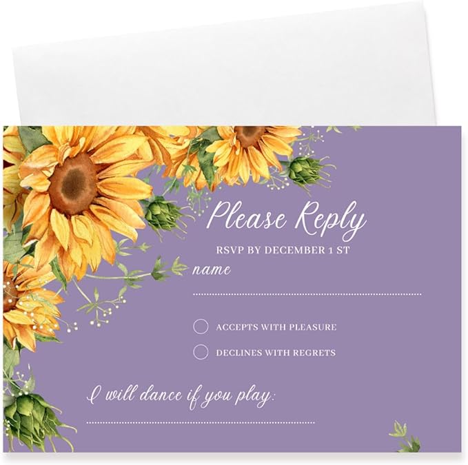 Preprinted Purple and Yellow Sunflower Wedding or Party RSVP Cards, Personalized Response Card Glossy Finish With White Envelopes, Set of 15 with Envelope, 5x3.5 inch Cards (Purple)
