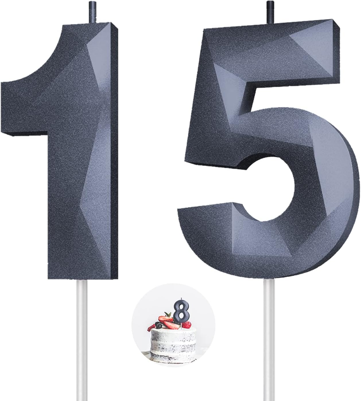 Number Birthday Candles(15 Candle Black) 3D Diamond Shape 15th Happy Birthday Cake Topper Decorations for Boy Men Birthday Wedding Anniversary Celebration Theme Party Supplies