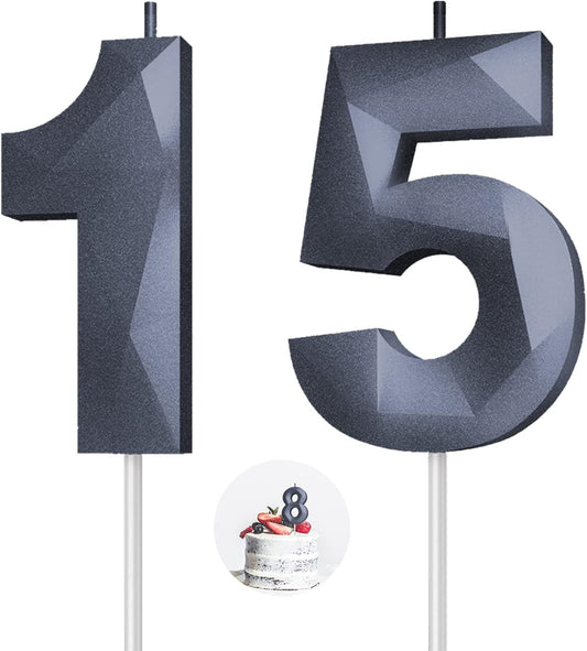 Number Birthday Candles(15 Candle Black) 3D Diamond Shape 15th Happy Birthday Cake Topper Decorations for Boy Men Birthday Wedding Anniversary Celebration Theme Party Supplies