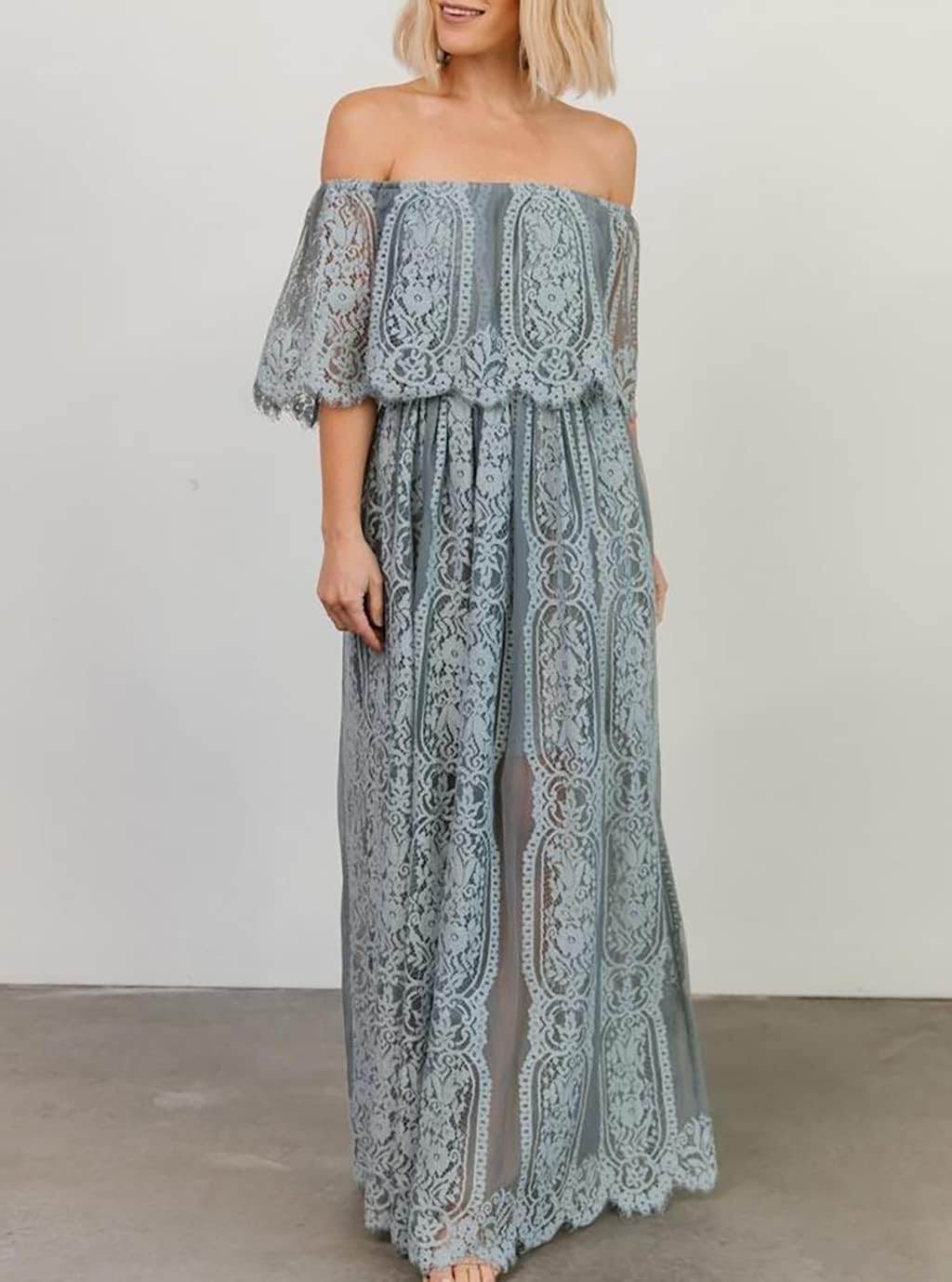 HOYISHION Women's Off The Shoulder Floral Lace Maxi Dress White Bridesmaid Wedding Party Maternity Photoshoot Long Dresses