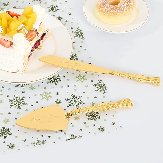 TUKDAK Cake Cutting Set for Wedding, Personalized Gold Cake Knife and Server Set, Custom Cake Serving Set, Engraved Pastry Pie Server Cake Pizza Cutter, Birthday Bridal Gift (CUS-Tassel)