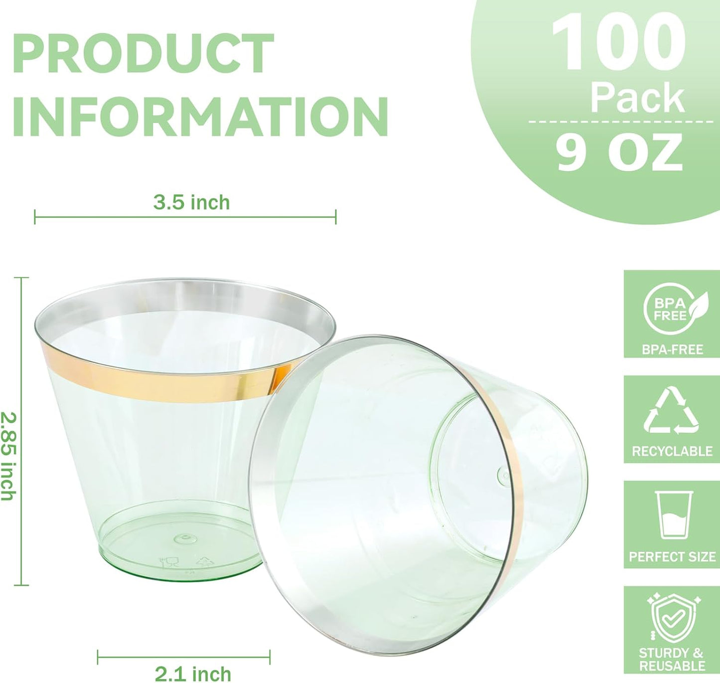 supernal 100 Pack Green Plastic Cups, 9 Oz Clear Green Disposable Cups with Gold Rimmed - Plastic Wine/Cocktail Glasses, Disposable Bridal/Shower Baby Shower Cup Perfect for Party & Wedding