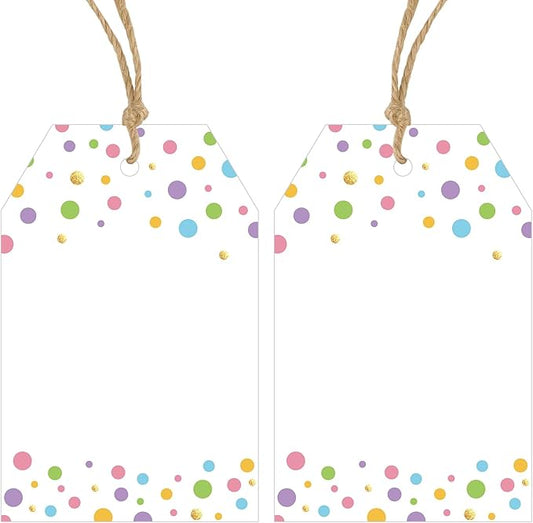 Anwyll Gift Tags with String - 100Pcs Colorful Confetti Polka Dot Gift Bag Tags Personalized White Blank Hanging Paper Label Tag for Birthday Party Bridal Shower Wedding Spring Easter Favors Present