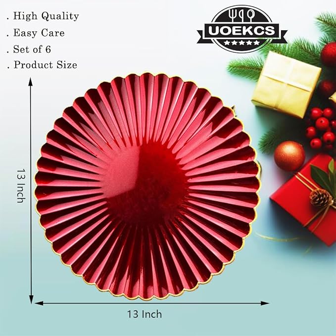 Red Charger Plates, 13 Inch Plastic Round Dinner Charger Plates for Wedding Party, Tabletop Decor. (Set of 6)