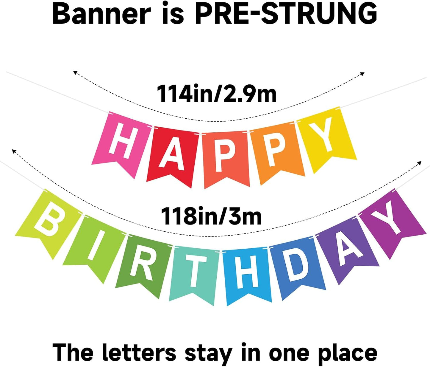 Happy Birthday Colorful Banner Rainbow Birthday Party Banner NO DIY Happy Birthday Sign Pre-Strung Birthday Hanging Decoration for Women Girl Men Boy Party Supplies (Multicolor)