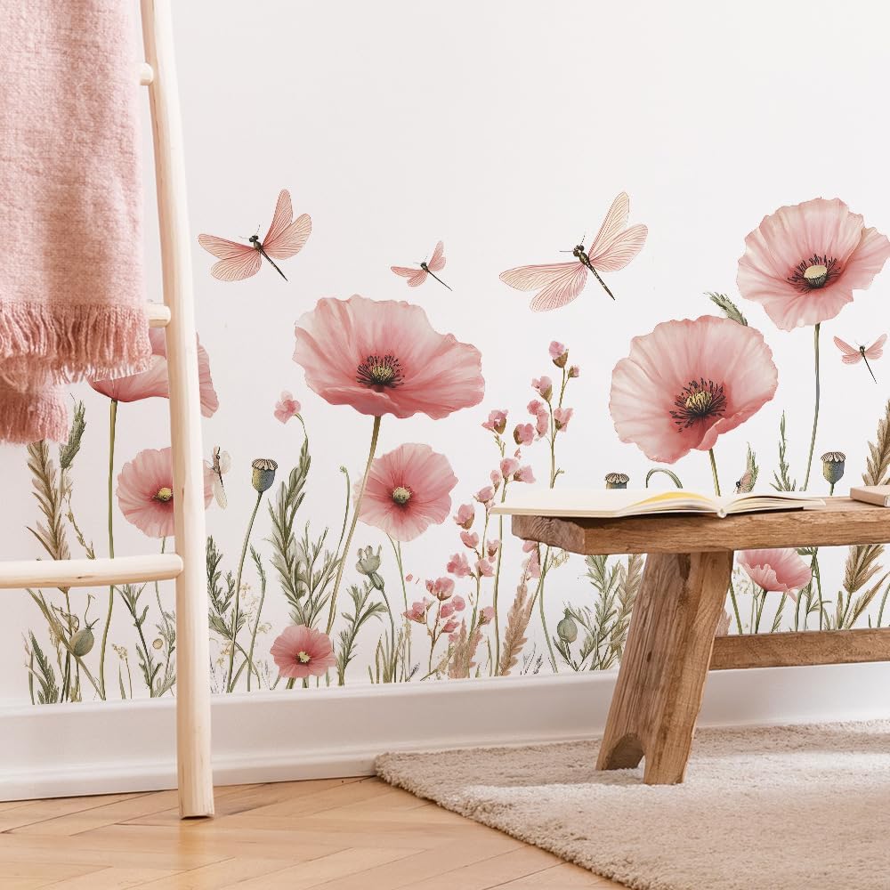 Watercolor Pink Flower Dragonfly Wall Stickers Botanical Removable Vinyl Wall Decals for Bedroom and Living Room
