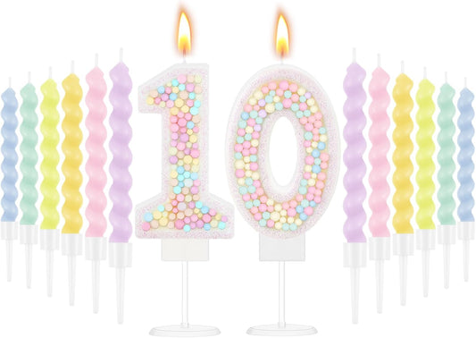 MTLEE Number 10 Birthday Candle with 12 Pcs Spiral Candles for Girls Macaron Pastel Rainbow Unicorn Pink Cake Topper for Sweet Theme Party Decoration