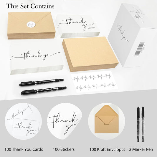 NESCCI 100 PCS Thank You Cards With Envelopes and Stickers，Classy 4x6 Blank Thank You Cards，Thank YouNotes for Wedding, Small Business, Baby & Bridal Shower(White)