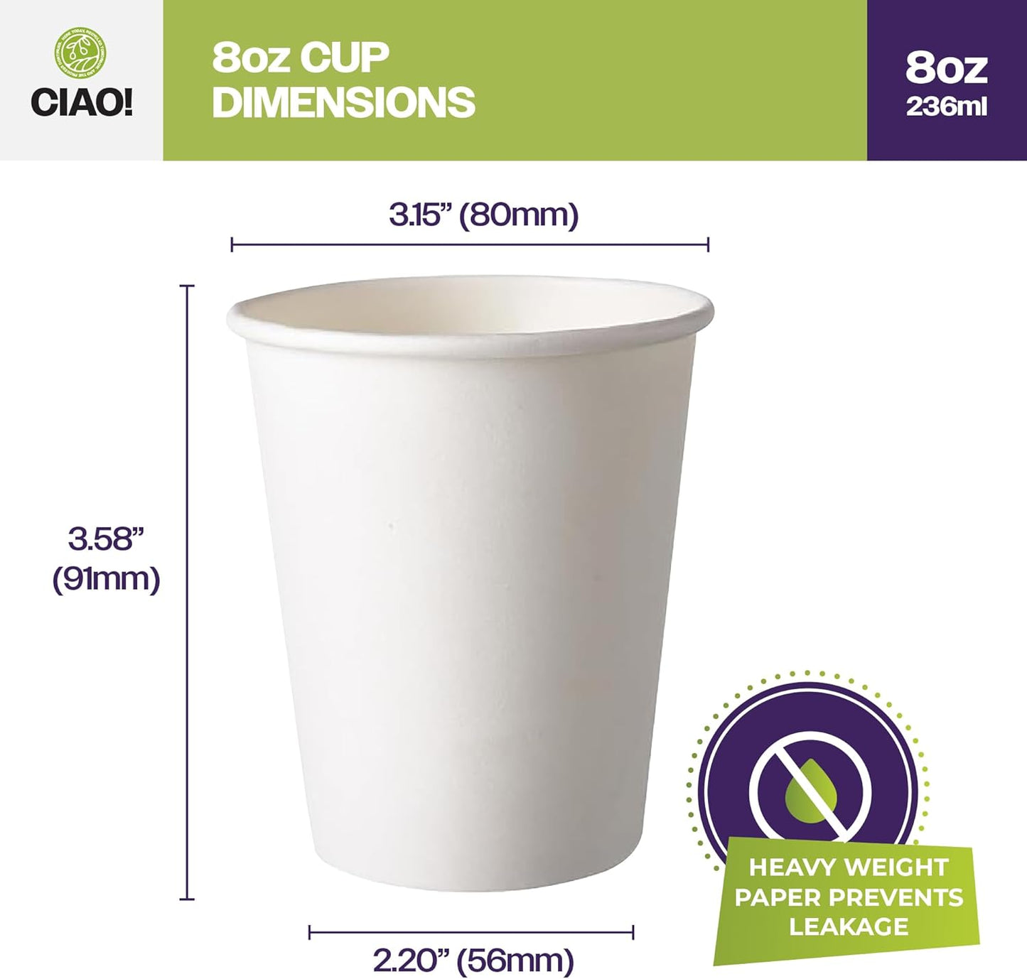 CIAO! 8oz White Paper Hot Cup, Disposable, 80mm Diameter 1,000 Count