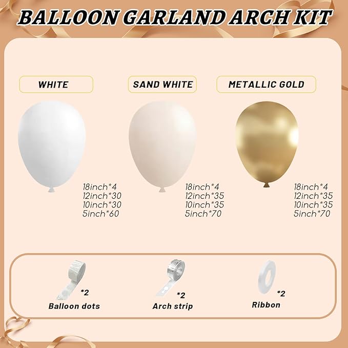 412pcs Sand White Gold Balloon Arch Kit, 18 12 10 5 Inch Different Size White Metallic Gold Latex Balloon for Boho Neutral Baby Shower Wedding Bridal Shower Birthday Decorations