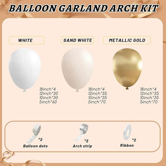 412pcs Sand White Gold Balloon Arch Kit, 18 12 10 5 Inch Different Size White Metallic Gold Latex Balloon for Boho Neutral Baby Shower Wedding Bridal Shower Birthday Decorations