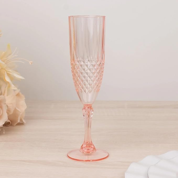 Efavormart 6-Pack Champagne Glasses, 8oz Shatterproof Plastic Crystal Cut Toast Flutes, Transparent Blush for Party Celebration Wedding