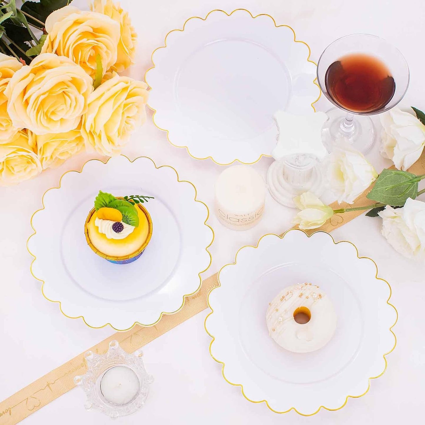 supernal 100PCS Gold Scalloped Plastic Plates -White and Gold Disposable Plates for Party Wedding -Include 50PCS 10.25inch Dinner Plate,50PCS 7.5inch Gold Dessert/Salad Plate for Birthday