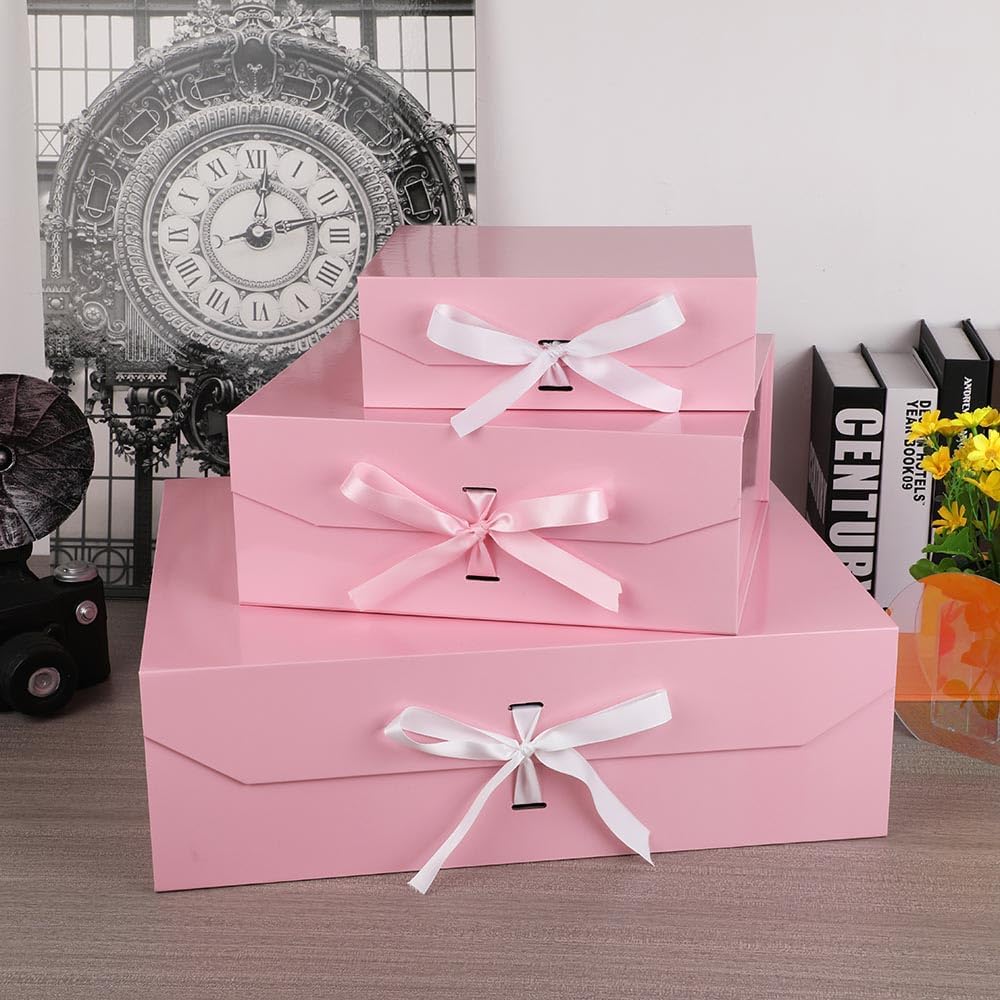 Extra Large Pink Gift Box with Ribbon 16x14x5.3 Inches Gift Boxes with Lid Magnetic Closure, Groomsman Proposal Box, Rectangle Collapsible Boxes for Large Gifts (Glossy Pink)