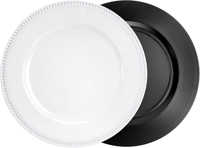 Okllen 12 Pack Plastic Round Charger Plates, 13" Dinner Chargers Decorative Plates with Beaded Rim, Embossed Charger Serving Plates for Wedding, Catering Event, Tabletop Decor, White