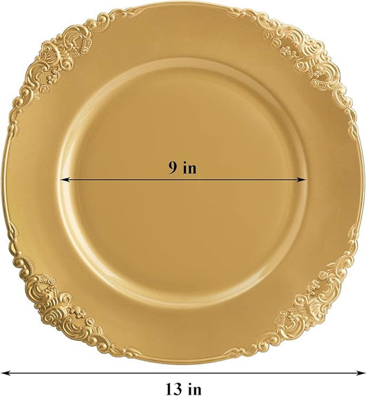 Okllen 12 Pack Gold Charger Plates, 13" Round Dinner Charger Plates with Embossed Rim for Catering, Wedding, Tabletop Decor