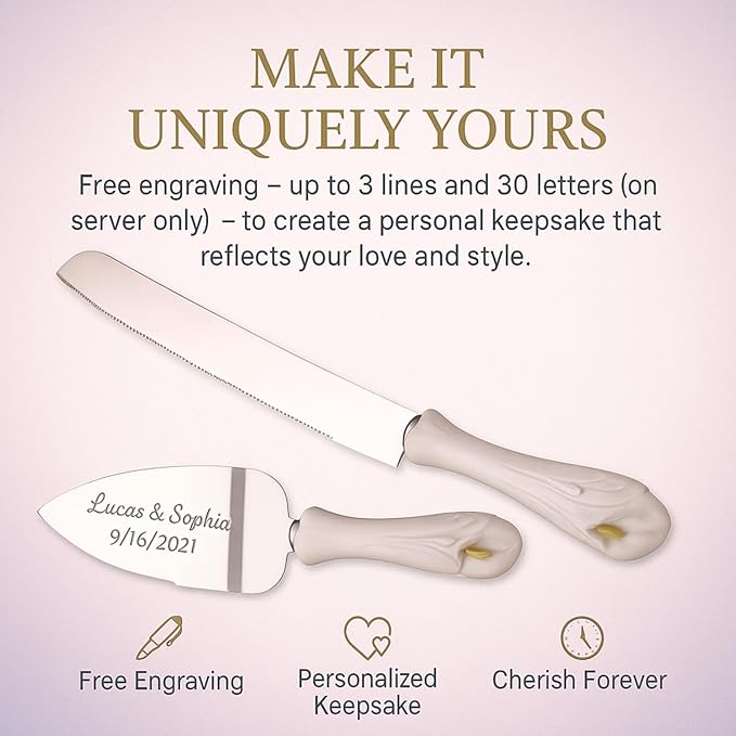 GIFTS INFINITY Personalized Wedding Cake Knife and Server Set with Engraving – Cake Cutting Utensil Set, Keepsake Gift for Wedding, Anniversary, Reception, Birthday & Other Occasions (Lily)