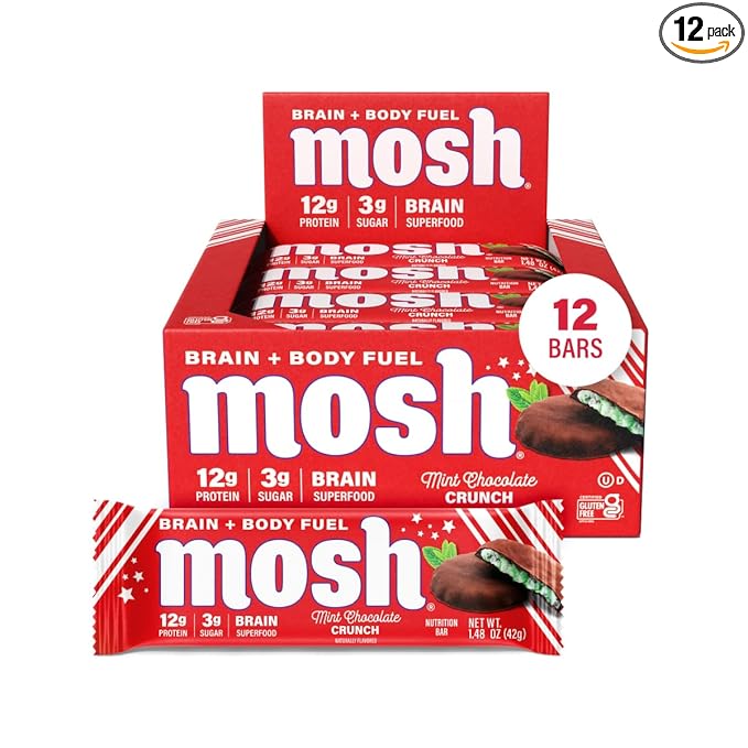 MOSH Mint Chocolate Crunch Keto Protein Bars, High Protein, Gluten Free, Brain Healthy Snack with Ashwagandha and Lions Mane, 12 Count
