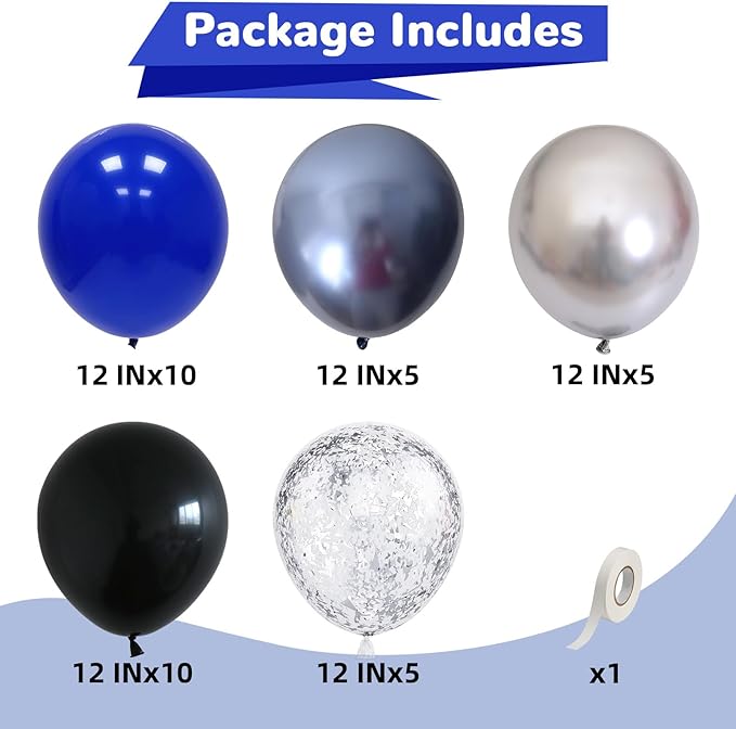 Black Blue Silver Balloons 12 Inch Graduation Balloon Navy Royal Blue Metallic Silver Black Party Balloons Confetti Balloon for Kids Grad Class of 2025 Decor Birthday Space Wedding