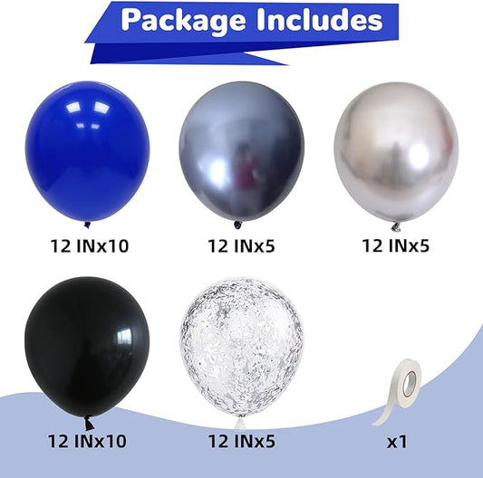 Black Blue Silver Balloons 12 Inch Graduation Balloon Navy Royal Blue Metallic Silver Black Party Balloons Confetti Balloon for Kids Grad Class of 2025 Decor Birthday Space Wedding