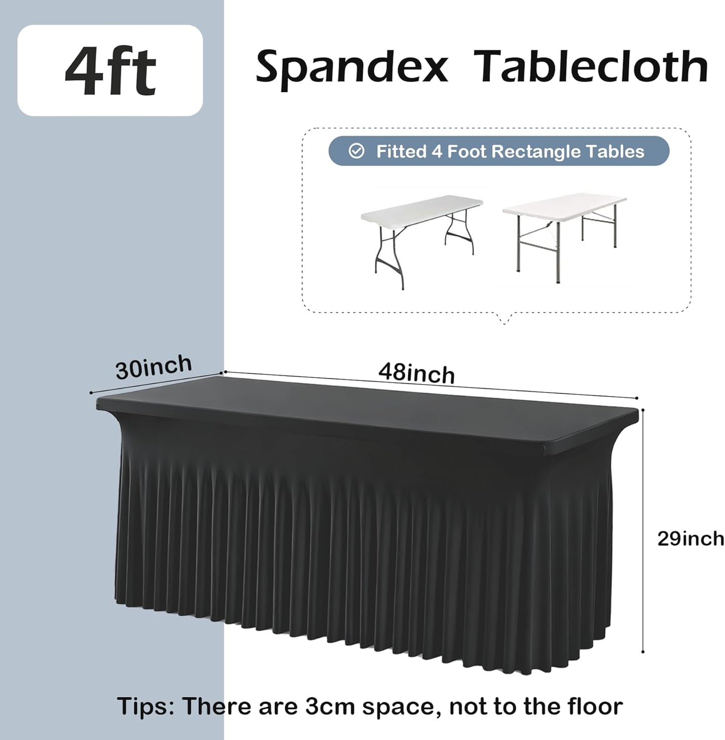 2 pk Black Spandex Tablecloth 4ft with Ruffled Table Skirt,Wrinkle Free High Stretch Fitted Tablecloths for 4 Foot Rectangle Tables, Elastic Spandex Table Covers 6ft for Parties Wedding Banquet