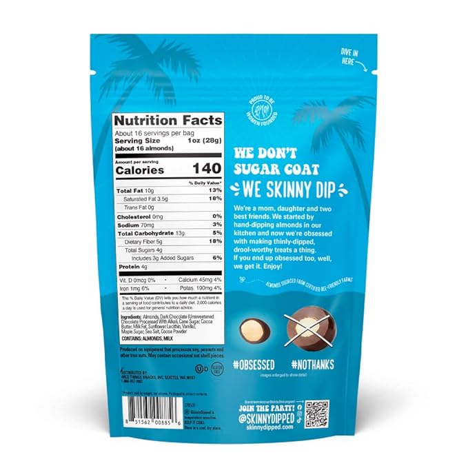 SkinnyDipped Dark Chocolate Cocoa Almonds, 1lb Bag, Healthy Snack, Plant Protein, Gluten Free, Pack of 1