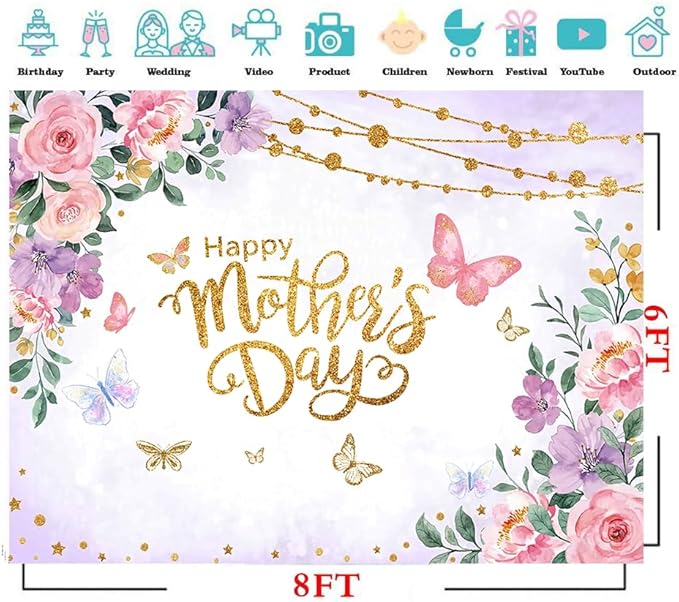 CYLYH 8x6ft Happy Mother's Day Backdrops Pink Carnation Background Mother's Day Party Decorations Banner Photo Studio Props D893