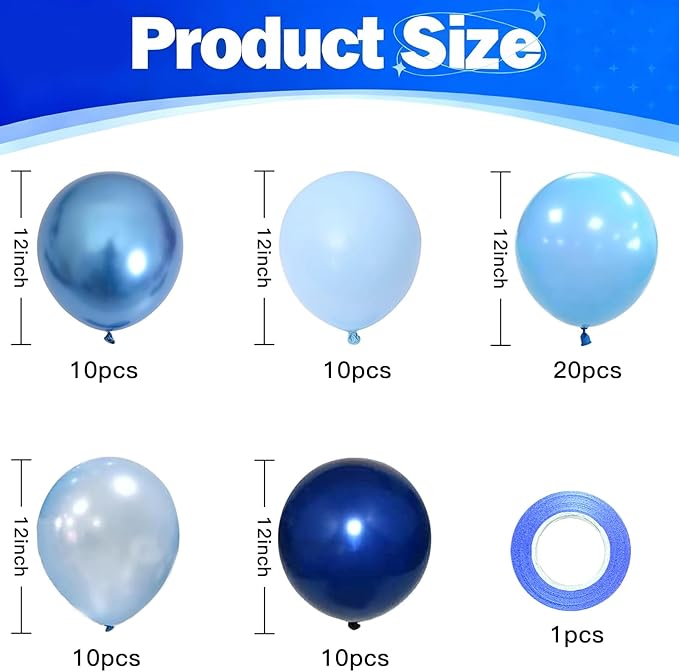 Blue Balloons - 60PCS 12 Inch Navy Blue Balloons, Pearl, Metallic, Light Blue, Baby Blue Balloon for Birthday, Wedding, Graduation, Baby Shower, Engagement Party Decorations