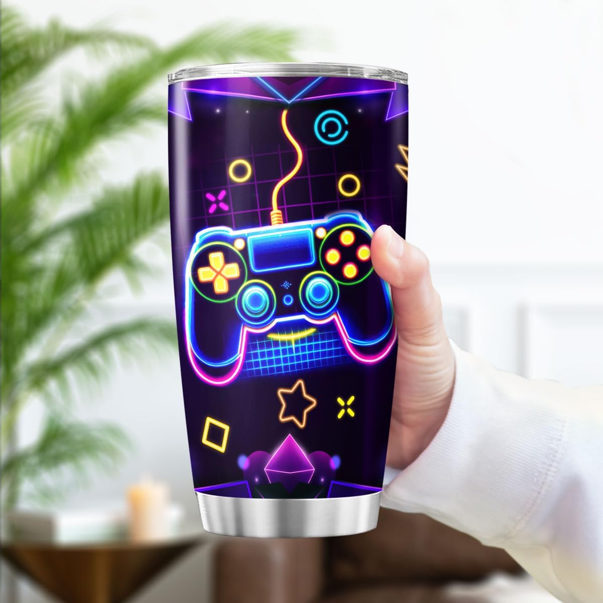 Gaming Controller Themed Cup for Gamers, Neon Design Stainless Steel Insulated Tumbler, 20oz Vacuum Travel Mug for Boys, Teens, Men, Game Lovers Gift for Birthday, Outdoor